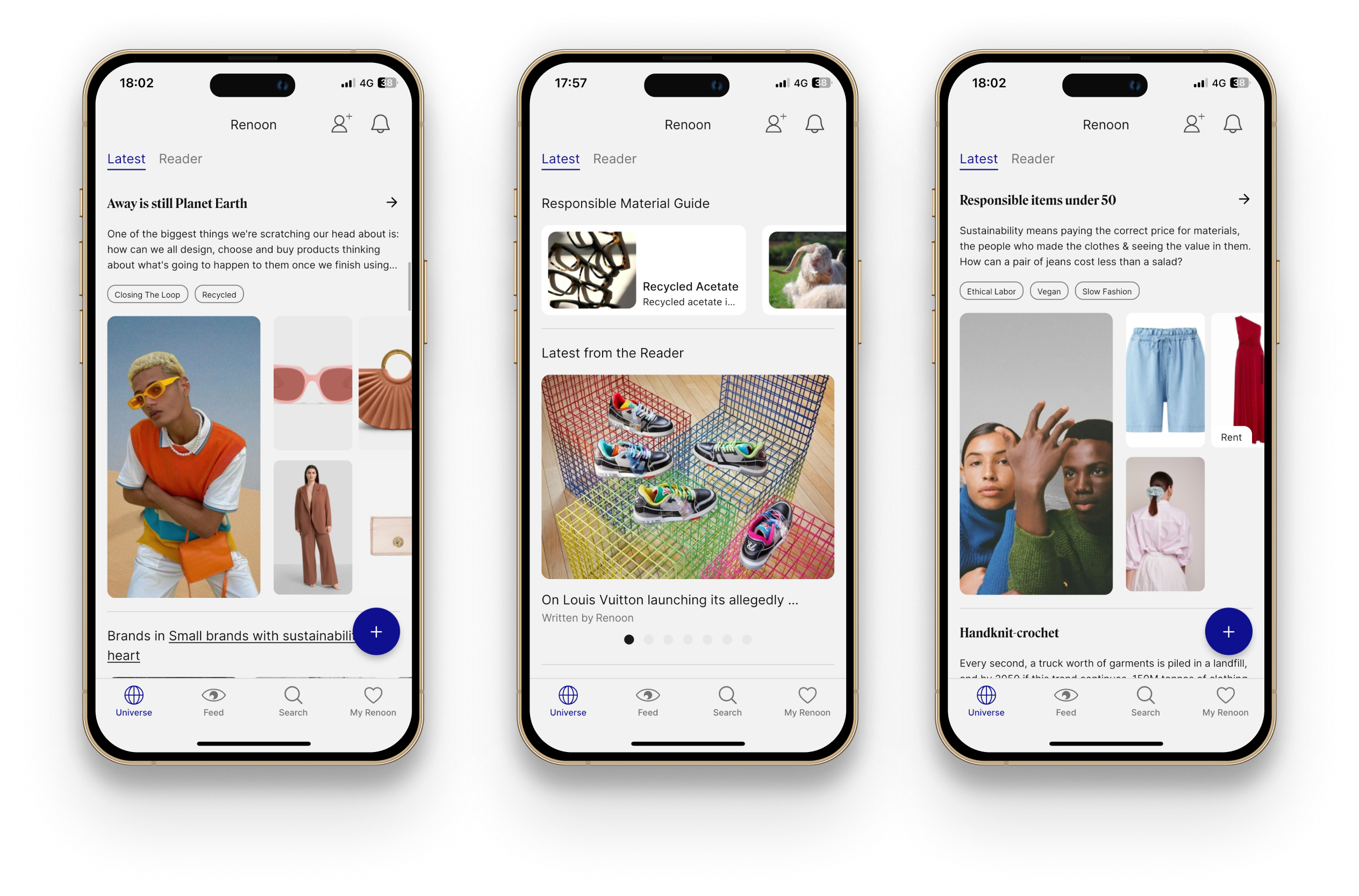 Tre smartphone con app Renoon che mostra moda sostenibile, guide materiali e articoli responsabili.