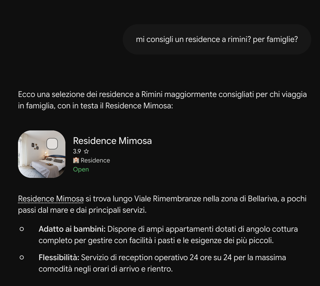 Gemini consiglia il Residence Mimosa al primo posto alla domanda: mi consigli un residence a Rimini per famiglie?
